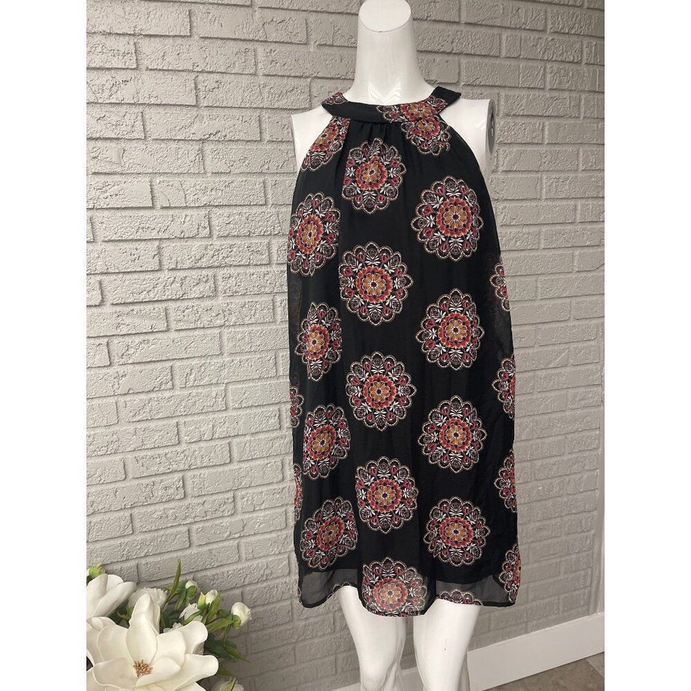 Crystal Sky Women Black & Red Medallion Print Halter Mini Dress Size S